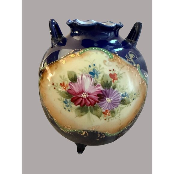 Antique Hand-Painted Cobalt Porcelain Floral Piedestal Vase Blue Florals & Gold - Picture 2 of 12